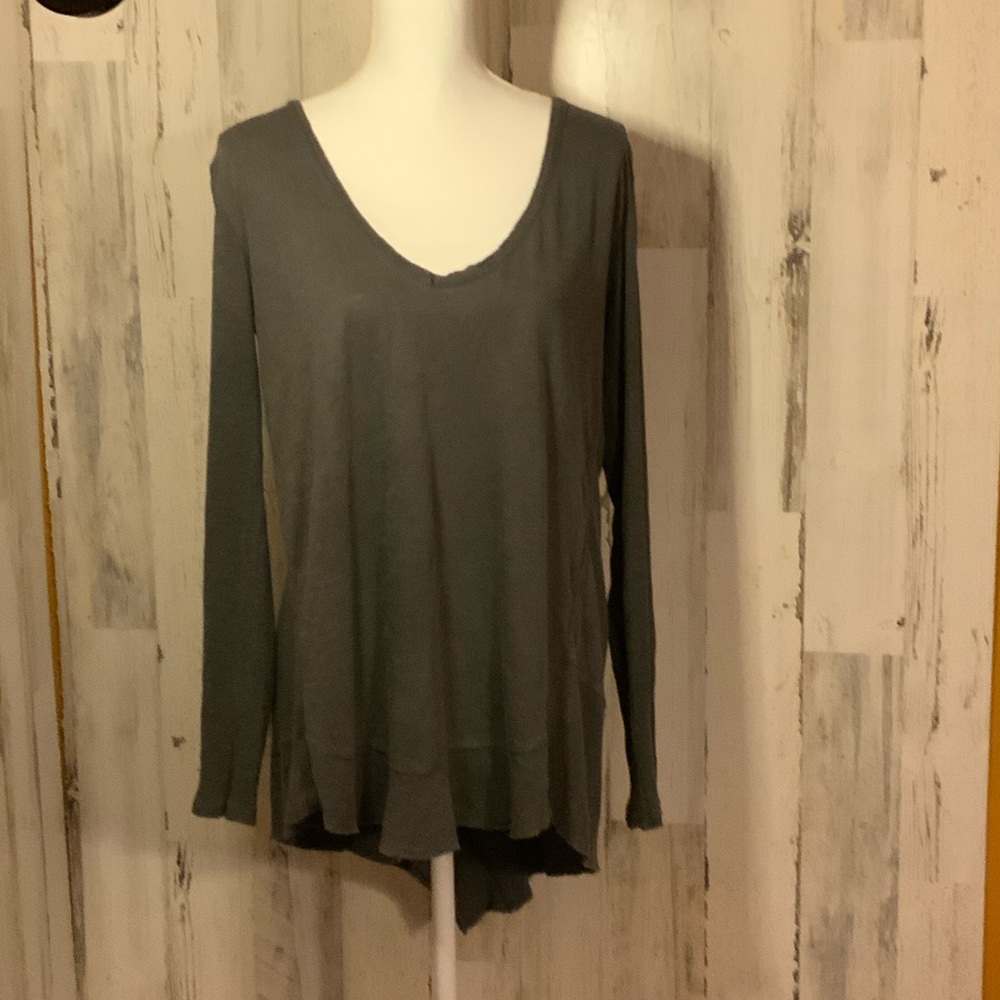 Free People Gray V-Neck Long Sleeve Women's Top